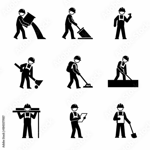 Construction Workers Pictograms Diverse Labor Roles in Black and White.