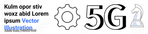 Technology, innovation, strategy, 5G, connectivity, progress. Display of a gear icon, 5G text and chess knight. 5G and strategy concepts are highlighted through the imagery