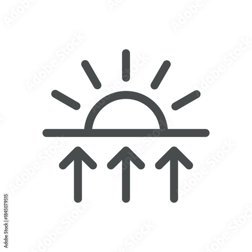 Sunrise Weather Icon. Thin Line Sun on Horizon with Upward Arrows Illustration for Morning Forecast, Atmospheric Warming and Daybreak Conditions. Isolated Outline Vector Symbol, Editable Pictogram