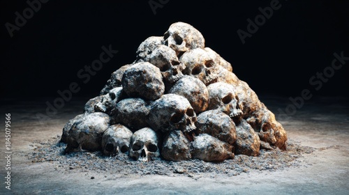 Skulls are stacked together in a dark space with rough surfaces and shadows