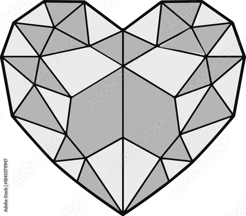 An abstract heart symbol crafted from interconnected triangles and polygons in gray tones