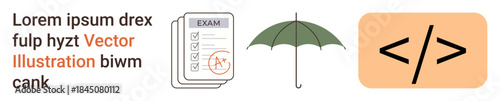 Education, protection, coding, examination results, digital technology, programming. A test marked with an umbrella and code icon. Education and protection concept illustrated through visual elements