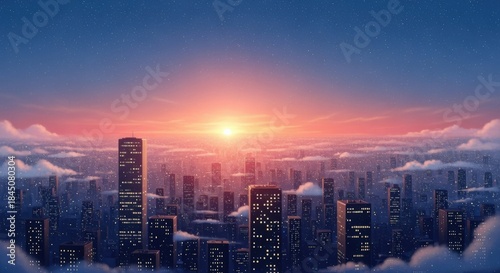Cityscape Sunrise Painting: High-Rise Buildings with Pink Sky and Clouds, Urban Scenery