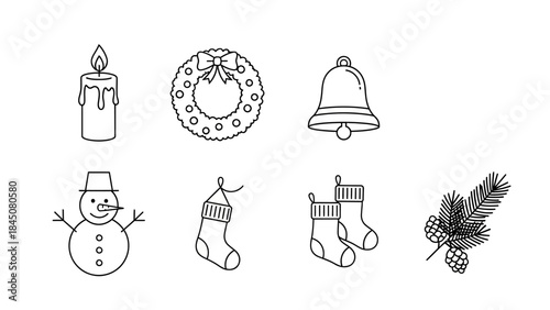 Outline christmas decorations featuring candle wreath bell snowman stockings and fir branch for holiday greeting cards vector pack