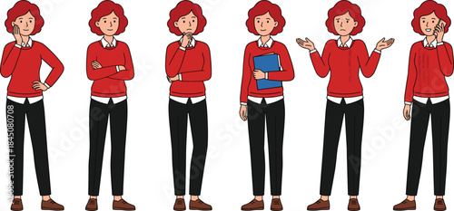 Female character expressions set showing thinking confused explaining poses, professional woman illustration for communication, emotions, and presentation design
