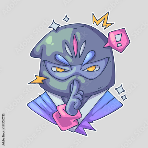 A masked character with a finger to the lips, surrounded by symbols, suggesting secrecy or silence. Cartoon vector character. Trendy style. Vector illustration.