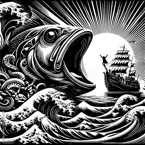 Oceanic Encounter: A dramatic illustration depicts a colossal sea creature, mouth agape, poised to engulf a sailing vessel on a tumultuous sea, creating a sense of awe and danger.