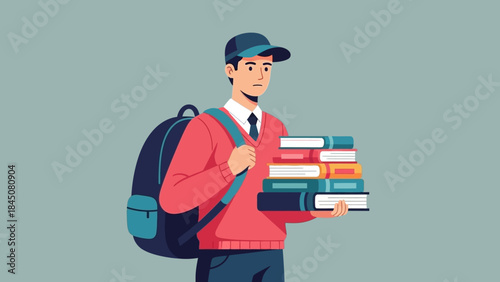 Young man carrying stack of books with backpack, illustration
