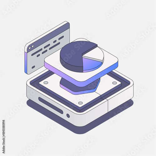 Isometric 3D data chart with dashboard UI elements in modern blue and purple tones.