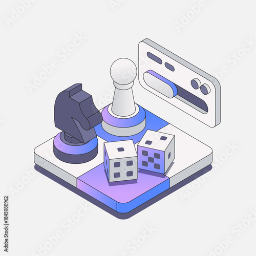 Isometric game concept with chess pieces, dice, and UI controls on a colorful platform.