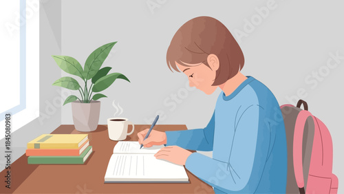 Young student focused on studying and writing in a notebook with a backpack and coffee nearby, illustrating dedication to education
