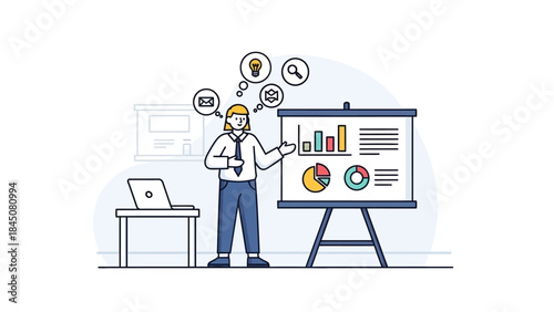 Business meeting presentation with charts and graphs on whiteboard, business man pointing at data on flip chart