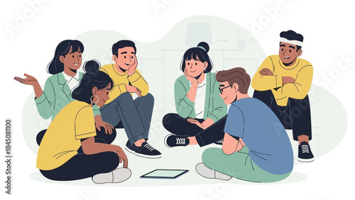Diverse group of young adults collaborating and discussing ideas in a casual meeting setting
