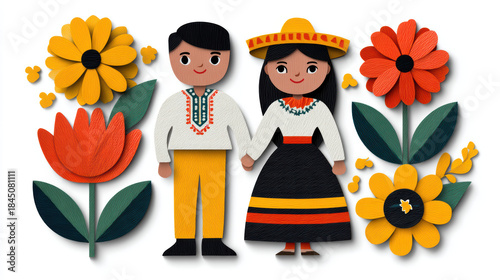 A colorful illustration of a couple in traditional attire surrounded by vibrant flowers, showcasing cultural elements and artistic flair.