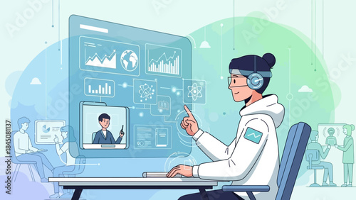 Person experiencing immersive virtual reality for interactive e-learning and augmented reality data visualization, facilitating remote collaboration in a futuristic digital environment