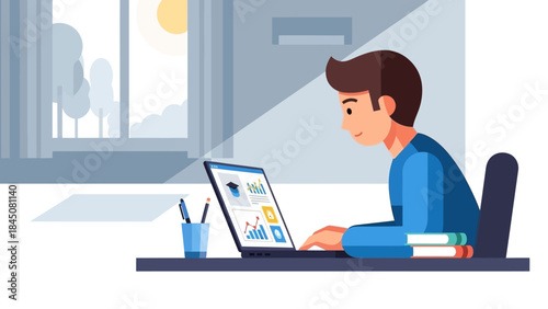 Focused young man engaged in productive remote work or online education from his home office, using a laptop for digital tasks and personal growth
