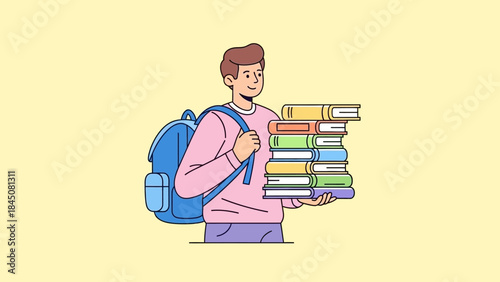 A determined young student carries a heavy stack of textbooks along with a backpack, symbolizing dedication to learning and academic achievement