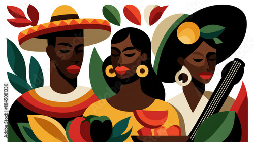 A vibrant illustration featuring three individuals with cultural attire, surrounded by fruits and foliage, showcasing diversity and artistic expression.