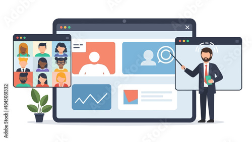 Professional Male Instructor Leading an Engaging Online Learning Session or Remote Virtual Meeting with Diverse Participants on a Digital Platform