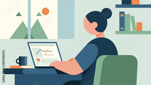 Woman Working on Laptop at Desk with a Cup of Coffee and Books