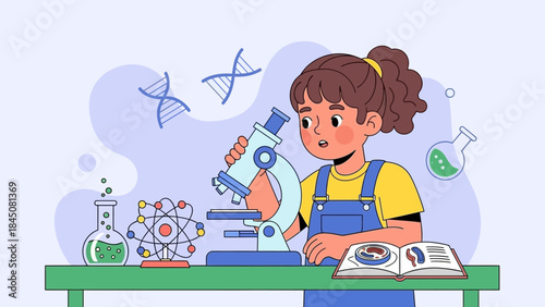 Enthusiastic Young Girl Engaged in Scientific Exploration with a Microscope, Fostering Curiosity and Learning in a Fun Lab Environment