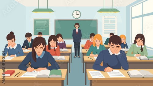Students taking an exam in a classroom with a teacher observing, showcasing a test or academic assessment scenario