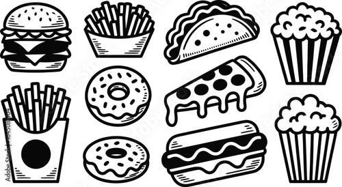 Hand-Drawn Fast Food Set - Hamburger, Fries, Pizza, Hot Dog, and More.