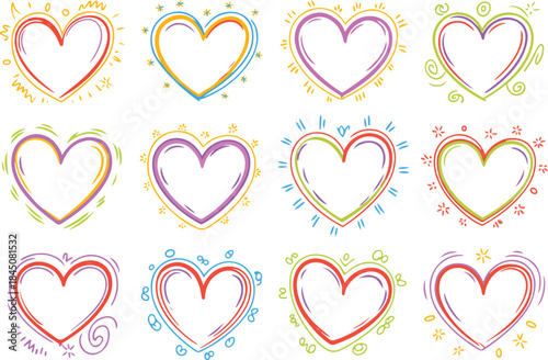 Colorful hand-drawn heart shapes with playful outlines, perfect for expressing love and joy