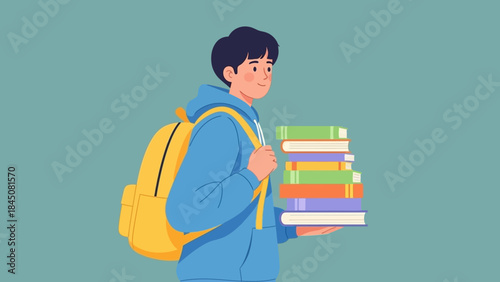 A determined student with a backpack carries a stack of colorful academic books, symbolizing the pursuit of knowledge and dedication to education and growth