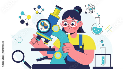 Young scientist diligently uses a microscope in a modern laboratory, surrounded by molecules and beakers, embodying scientific research, discovery, and education