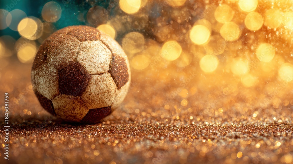 Fototapeta premium Soccer ball on a shiny surface with colorful lights at night