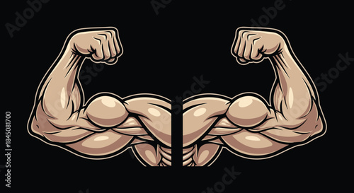 Muscular flexing arms illustration showing strength and power, bodybuilding fitness concept artwork isolated on black background vector