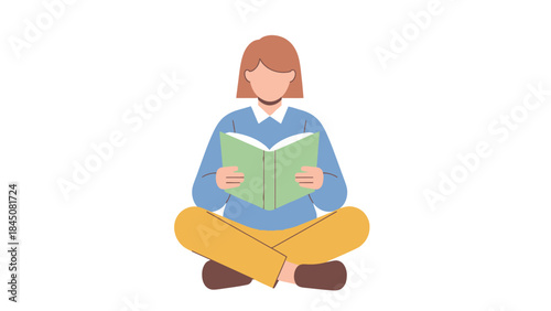 Illustration of a person reading a book while sitting cross-legged, promoting literacy and education