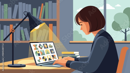 Young woman working on laptop at desk with lamp and bookshelf in the background