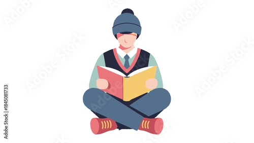 Illustration of a person wearing a hat and reading a book, seated cross-legged