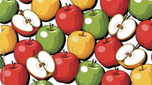 Assortment of whole and sliced red, green, and yellow apples creates a vibrant pattern ideal for healthy food marketing materials.