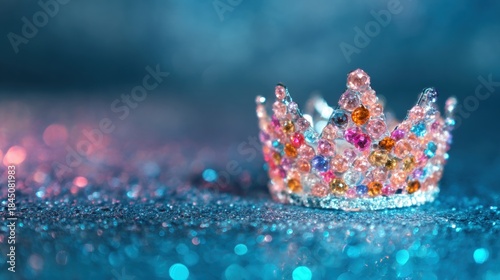Small crown made with colorful jewels on a shiny blue background