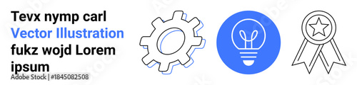 Innovation, creativity, problem-solving, design, achievement, recognition. Gear, lightbulb and award ribbon icons in blue and black design. Innovation and creativity in work and recognition concepts