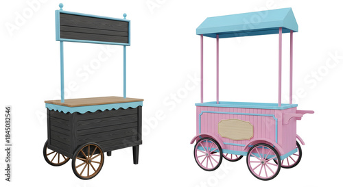 Fototapeta Naklejka Na Ścianę i Meble -  Two Colorful Vintage Food Carts Black-Wood and Pink-Blue Dessert Stand Mockups