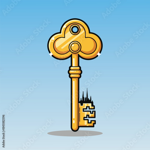 Vibrant cartoon vector icon of a playful golden key featuring cheerful face, sparkling eyes, and treasure unlock details in fun flat style. Perfect for adventure games, security apps, kids education