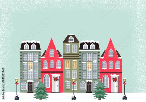 Colorful houses in the snow, decorative wreaths on the doors, street lights and soft light in the windows create a cozy, warm holiday atmosphere. Suitable for postcards, posters and digital greetings