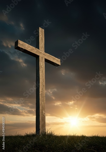 A rugged wooden cross stands against a powerful, glowing sky, representing sacrifice, profound faith, and spiritual devotion, religion, traditional, belief system