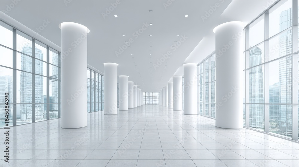 Obraz premium Bright Modern Empty Office Interior with Cylindrical Columns and City View through Large Windows
