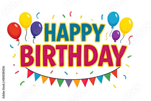 Colorful happy birthday celebration illustration with balloons, confetti, festive typography and party banner design