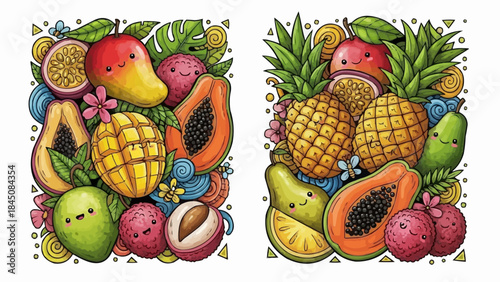 Cute Kawaii Fruits Assortment Tropical Exotic Fruits Collection.