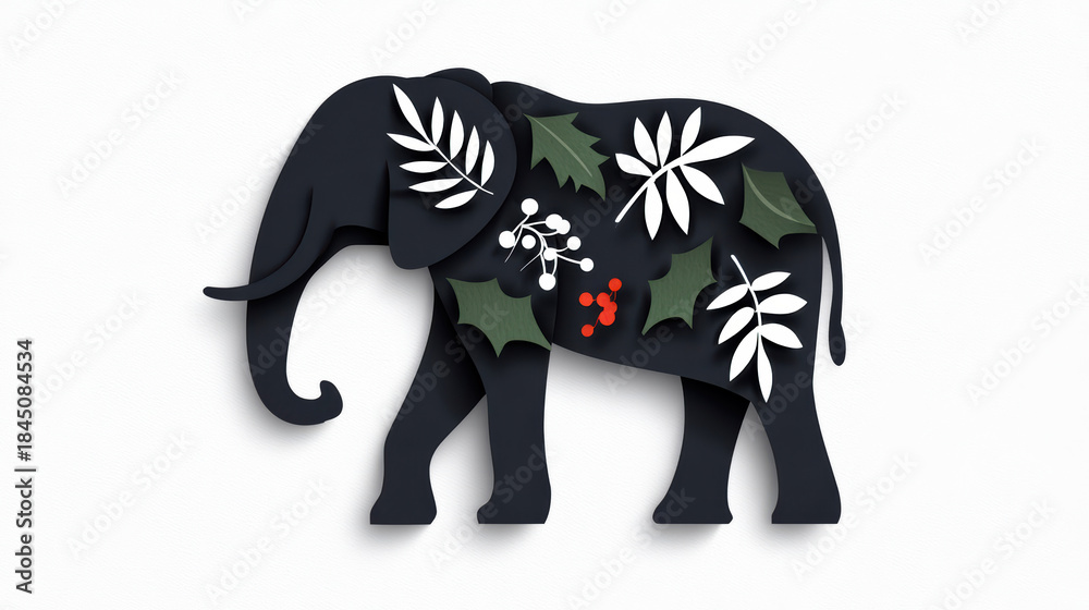 Fototapeta premium A stylized elephant silhouette adorned with botanical patterns, combining elements of nature in a unique and artistic design.