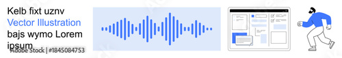 Audio technology, user interface design, tech communication, sound analysis, app layout development, human interaction. Blue audio waveform and abstract interface. Audio technology and user interface