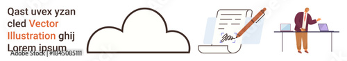 Cloud storage, online collaboration, document signing, remote work, digital communication, office productivity. Cloud icon, document with pen two individuals collaborating. Cloud storage and online