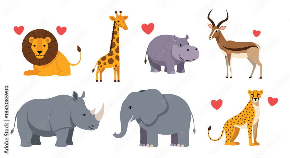 Fototapeta premium Vivid illustration features a diverse group of wildlife including a lion giraffe hippo antelope rhino elephant and cheetah with playful heart icons.