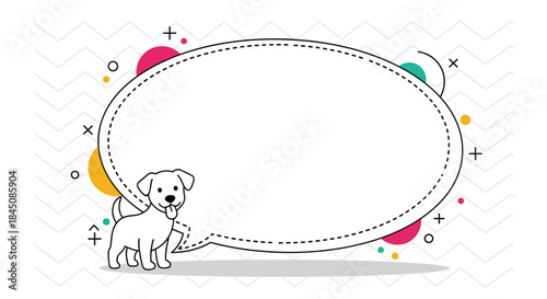 Playful cartoon puppy stands beside a large blank speech bubble on a decorative abstract background ready for custom captions.